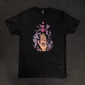 black tee with hand in space illustrated on it