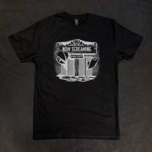 black tee with theater and ghosts