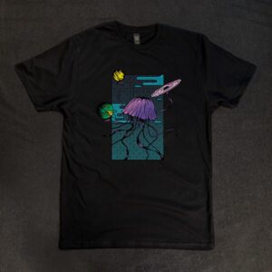 black t shirt with jelly fish in space