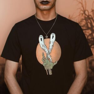 black t shirt with zombie hand and ghosts